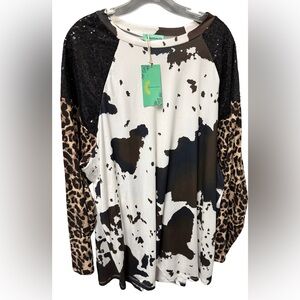 Sunshine and Rodeos Women’s 3X Leopard and Cow Print Top with Embellishments
